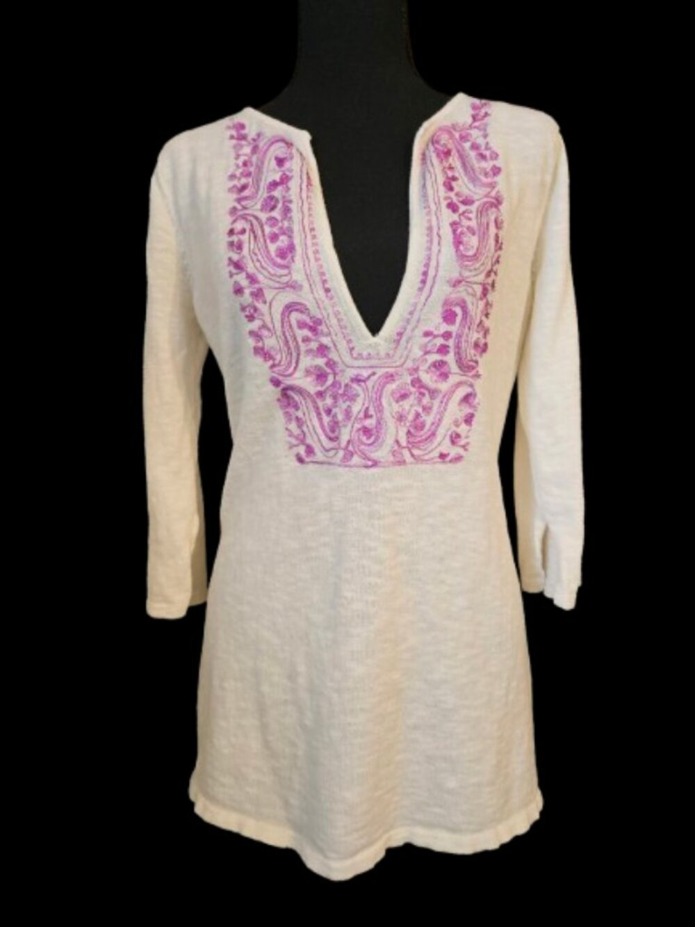 Marisa Christina Vintage Boho Cotton Cream Embroidered Tunic Sweater-MEDIUM